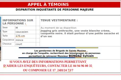 Disparition inquiétante dans le Var : la gendarmerie recherche activement Sylvain Bondaz