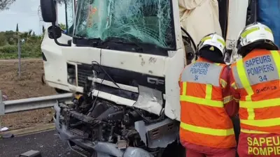 Accident grave sur l'A9 à Mèze : un chauffeur coincé dans son camion, circulation paralysée
