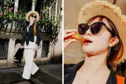 Look de touristes à Paris : chapeau et vêtements chinois, bijou français