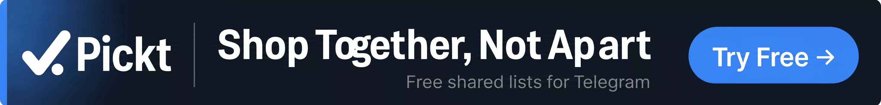 Bannière large Pickt — app de listes de courses collaboratives pour Telegram